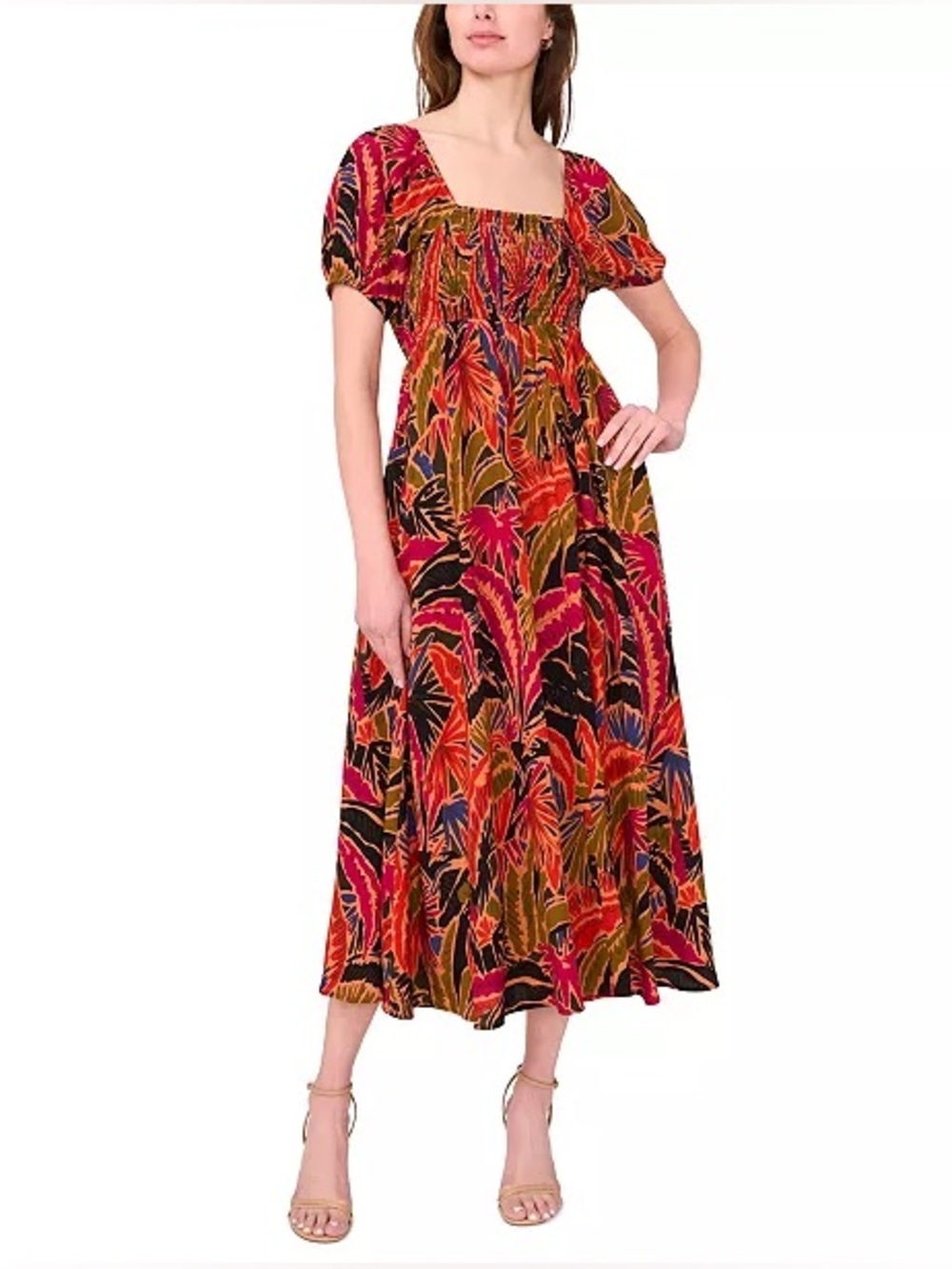 MSK Red Multi Tropical-Print Midi Dress with Square Neckline